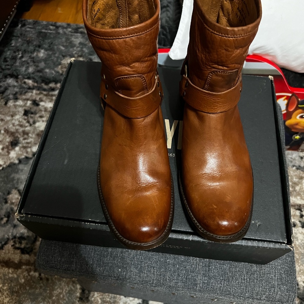 Frye Brown Leather Motorcycle Boots with Buckle Straps